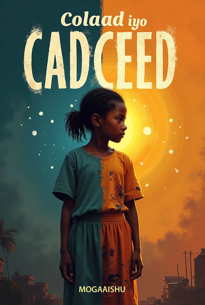 Here’s a deeply detailed concept for the cover of “Colaad iyo Cadceed,” with a focus on prominently displaying the title at the top and emphasizing the contrast between conflict and hope:

Overall Theme and Message:

	•	Central Narrative: The cover should tell a powerful visual story of a young girl’s struggle and resilience in the face of Somalia’s enduring conflict, particularly in Mogadishu. It should reflect both the devastating impact of war and the unbreakable spirit of hope and renewal. The title, “Colaad iyo Cadceed,” meaning “Conflict and Sunlight,” should anchor this narrative, drawing the reader’s attention to the dual themes of the book.

Cover Layout and Design:

	•	Top Section - Title Placement:
	•	The title “Colaad iyo Cadceed” should be prominently displayed at the top of the cover. The font should be bold and striking, with “Colaad” in a rough, perhaps slightly fractured style to represent the chaos and destruction associated with conflict. In contrast, “Cadceed” should be in a smooth, flowing script, symbolizing warmth, light, and hope. The color of “Colaad” could be in dark, muted tones like deep red or charcoal, while “Cadceed” could be in bright, warm hues like gold or orange.
	•	Consider placing a subtle background behind the title, like a gradient that transitions from dark (on the left) to light (on the right), echoing the themes of the book and guiding the reader’s eye across the cover.

Central Image - The Young Girl:

	•	The Girl as a Symbol of the Narrative:
	•	The young girl should be the central focus of the cover. She stands slightly off-center, facing forward or slightly turned towards the light. Her expression is a mix of solemnity, reflecting the hardships she’s endured, and quiet determination, representing her unwavering resolve to find a better life.
	•	Appearance and Clothing: Her clothes may be tattered and worn on one side, showing the toll of the conflict. This side of her might be shadowed, aligning with the darker, more des