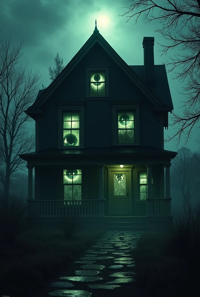 The outside windows of a house looking like scary eyes, nightmare