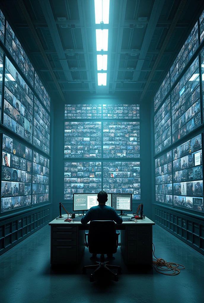 Create the image of a giant room, square where all the walls are surveillance camera screens and in the center there is a desk with all kinds of things to hack 
