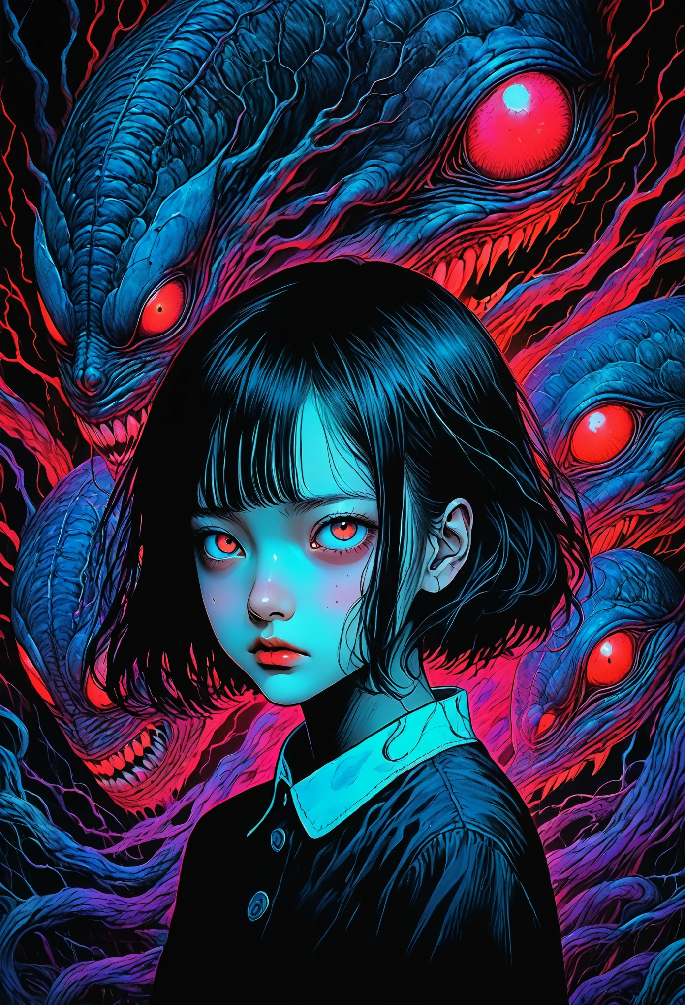 surreal horror, anime style, directed by Junji Ito, high contrast, vivid colors, eerie atmosphere, psychological tension, intricate line work, nightmarish creatures