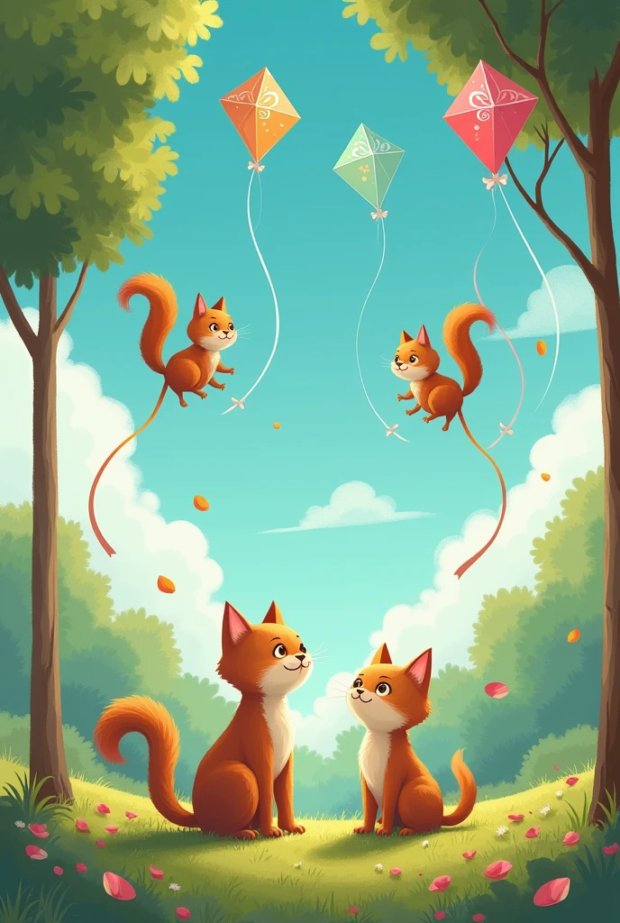Cats talking to squirrels flying kites