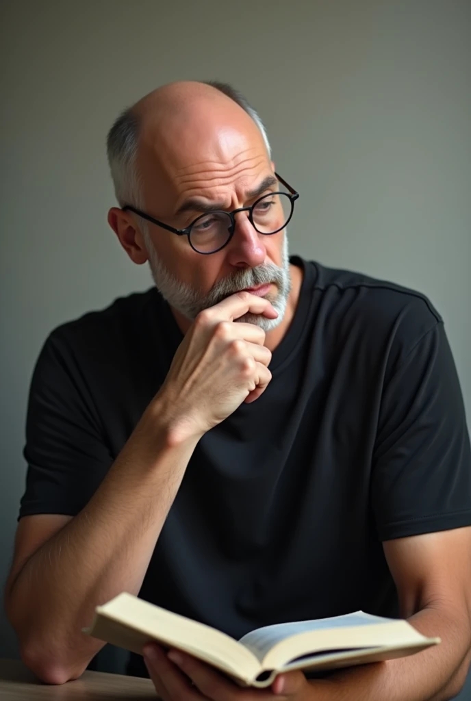 Caucasian man, baldie , white beard aquiline nose round glasses dark lenses thin lips black t-shirt, reading