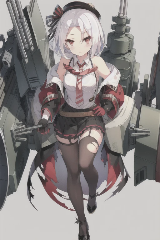 Vittorio_Veneto \(warship girls r\),((masterpiece)),(((best quality))),((ultra-detailed)),((illustration)),((disheveled hair)),((frills)),(1 girl),(solo),1girl,belt,black footwear,black gloves,black legwear,black skirt,blood,blush,breasts,broken,cannon,closed mouth,cup,damaged,fire,gloves,hat,jacket,long sleeves,looking at viewer,machinery,multicolored clothes,necktie,pantyhose,red eyes,rigging,saucer,shirt,shoes,skirt,smoke,solo,striped necktie,tea,teacup,tears,torn clothes,torn dress,torn gloves,torn jacket,torn legwear,torn pants,torn shirt,torn skirt,uniform,white hair,wine glass,short hair,