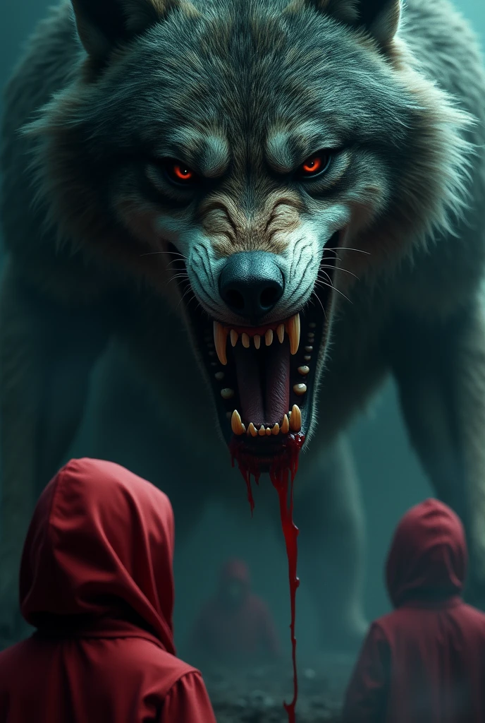 (creates a photo with a werewolf&#39;s face very close to the screen, let his teeth squeal with blood, make the screen very dark, in the corner of the screen leave 3  in red hoods 