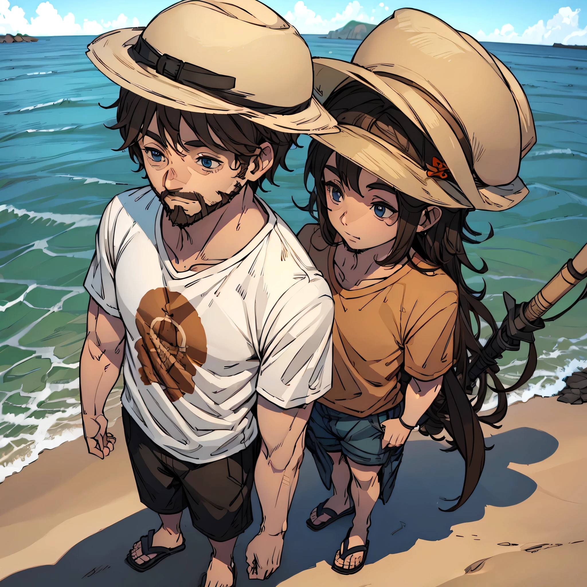Man in beach clothes, t-shirt, brownhair, Fisherman's Hat, short beard, fully body
