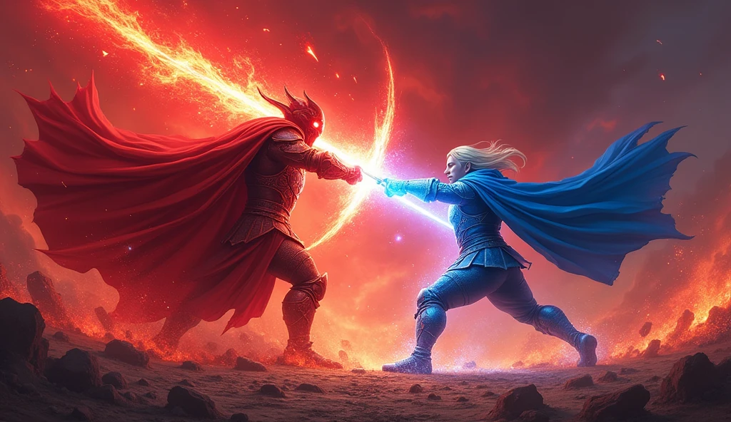 "Under a blood-red sky, the ground erupts as two powerful figures engage in a fierce battle. On one side, the Demon Lord, cloaked in fiery red armor that glows with dark energy, unleashes a devastating swing of his massive blood-red sword. The sword's arc leaves trails of crimson energy in the air as it descends with incredible force. His glowing red eyes burn with rage, and his crimson cape billows violently behind him as he advances.

On the other side, the Hero, fully clad in gleaming blue armor, meets the attack head-on, his radiant sword blazing with holy light. The Hero’s blue cape whips through the air as he swiftly dodges and counters, the azure blade clashing against the Demon Lord’s crimson sword, sending sparks of energy flying. Every movement of the Hero is precise, his blue armor shining brightly even amidst the chaos of battle.

The battlefield around them shatters under the intensity of their blows, with cracks spreading across the ground, and debris flying in all directions. The contrast between the Hero's vivid blue and the Demon Lord's fiery red is stark, emphasizing the epic struggle between light and darkness. The red sky above and the dark, swirling clouds add to the dramatic scene, framing the fierce and unyielding duel between these two formidable opponents."
