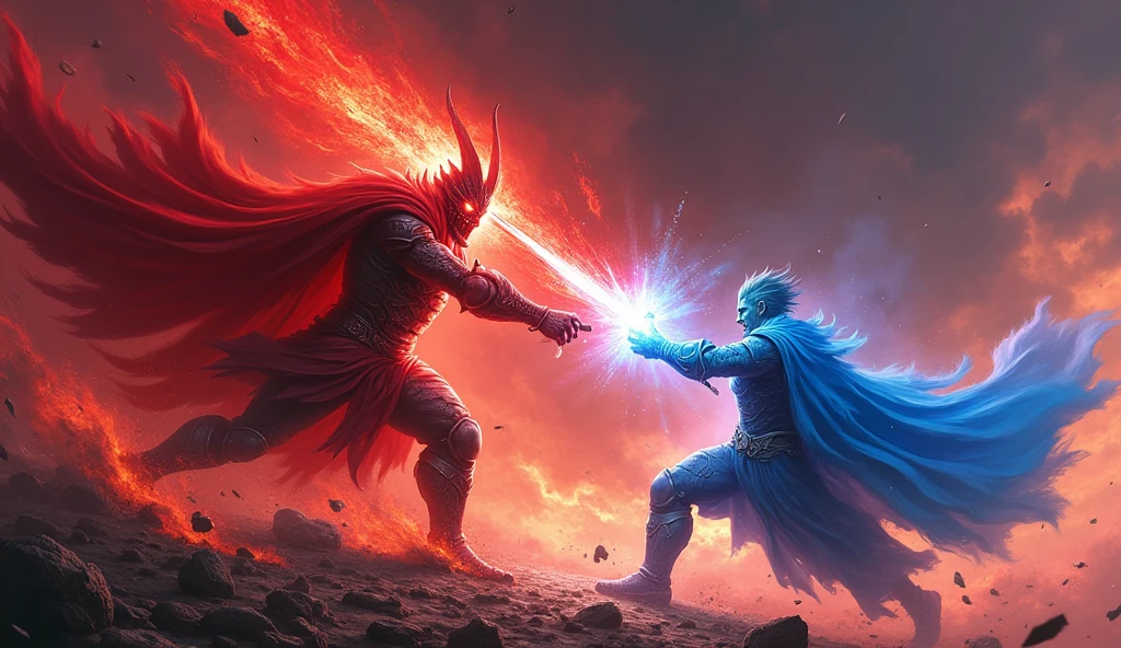 "Under a blood-red sky, the ground erupts as two powerful figures engage in a fierce battle. On one side, the Demon Lord, cloaked in fiery red armor that glows with dark energy, unleashes a devastating swing of his massive blood-red sword. The sword's arc leaves trails of crimson energy in the air as it descends with incredible force. His glowing red eyes burn with rage, and his crimson cape billows violently behind him as he advances.
On the other side, the Hero, fully clad in gleaming blue armor, meets the attack head-on, his radiant sword blazing with holy light. The Hero’s blue cape whips through the air as he swiftly dodges and counters, the azure blade clashing against the Demon Lord’s crimson sword, sending sparks of energy flying. Every movement of the Hero is precise, his blue armor shining brightly even amidst the chaos of battle.
The battlefield around them shatters under the intensity of their blows, with cracks spreading across the ground, and debris flying in all directions. The contrast between the Hero's vivid blue and the Demon Lord's fiery red is stark, emphasizing the epic struggle between light and darkness. The red sky above and the dark, swirling clouds add to the dramatic scene, framing the fierce and unyielding duel between these two formidable opponents."