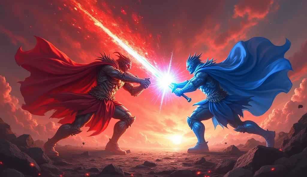"Under a blood-red sky, the ground erupts as two powerful figures engage in a battle. On one side, the Demon Lord, cloaked in fiery red armor that glows with dark energy, unleashes a devastating swing of his massive blood-red sword. The sword's arc leaves trails of crimson energy in the air as it descends with incredible force. His glowing red eyes burn with rage, and his crimson cape billows violently behind him as he advances.
On the other side, the Hero, fully clad in gleaming blue armor, meets the attack head-on, his radiant sword blazing with holy light. The Hero’s blue cape whips through the air as he swiftly dodges and counters, the azure blade clashing against the Demon Lord’s crimson sword, sending sparks of energy flying. Every movement of the Hero is precise, his blue armor shining brightly even amidst the chaos of battle.
The battlefield around them shatters under the intensity of their blows, with cracks spreading across the ground, and debris flying in all directions. The contrast between the Hero's vivid blue and the Demon Lord's fiery red is stark, emphasizing the epic struggle between light and darkness. The red sky above and the dark, swirling clouds add to the dramatic scene, framing the fiercenyielding duel between these two formidable opponents."