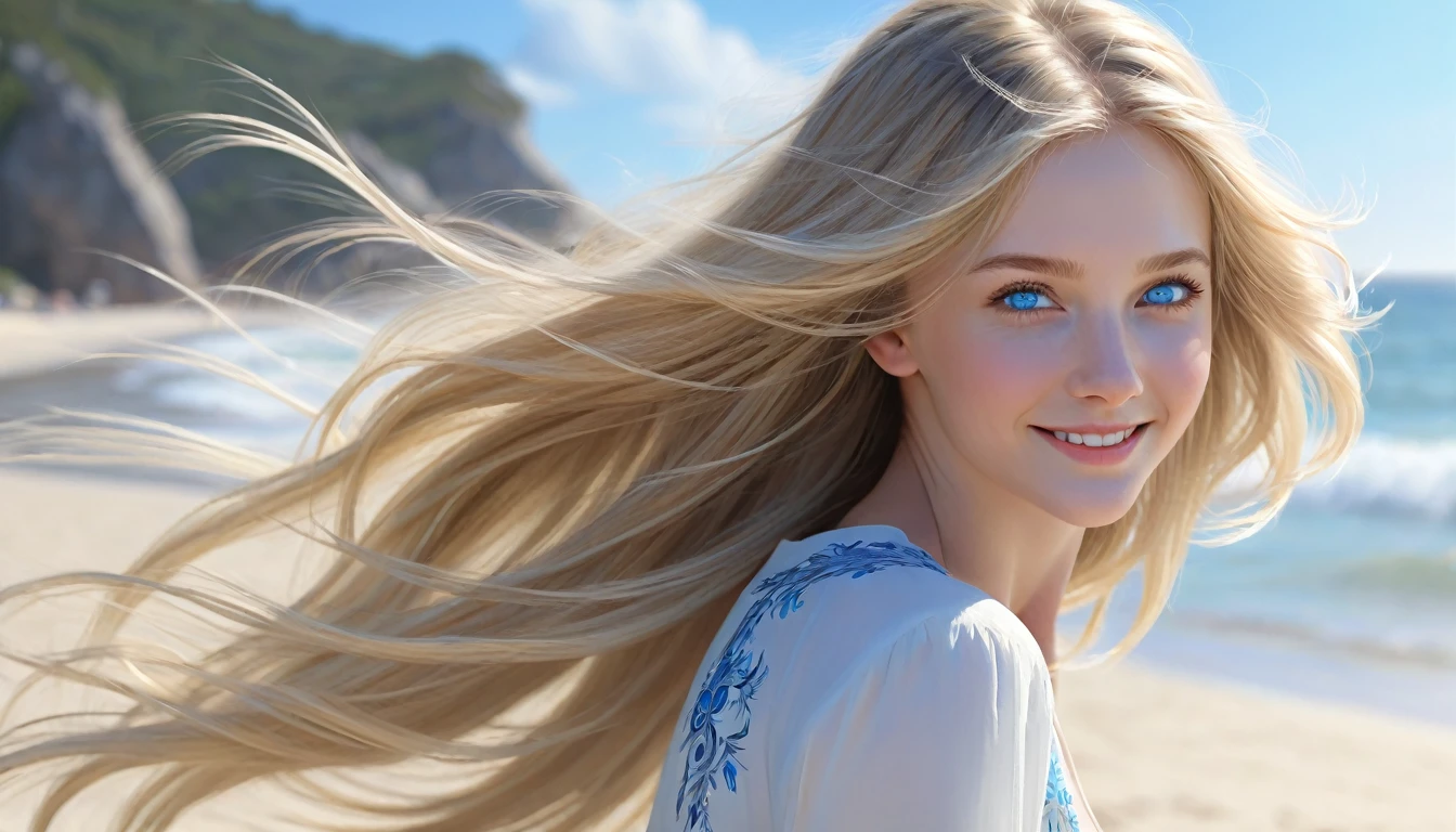 Pretty Female, Windblow blonde hair, glowing blue eyes, realistic, masterpiece, high detailed, 4K, beach background, high detailed light, little smile, white skin