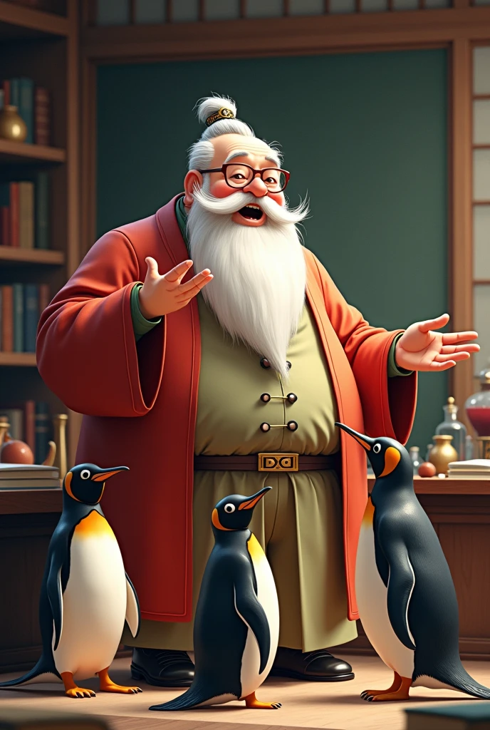 Chinese fat professor teaching mechanics to some penguins