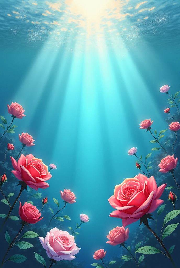 Make a coloring drawing that has some roses inside the sea, highlighting the sea and the roses. And also making it clear that the roses are floating in the sea.