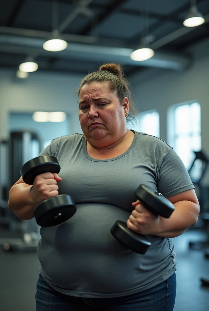 create an image of an obese woman sad about being at the gym working out and lifting weights