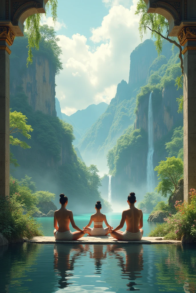 3 Asians in the background of the astral temple and nature meditating