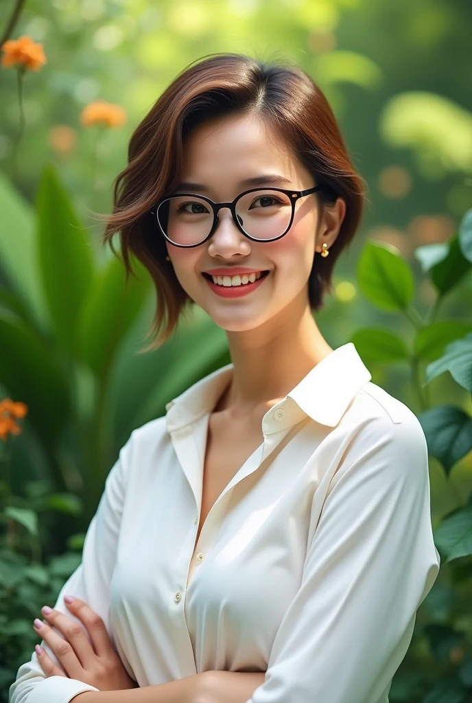 Beautiful woman short hair wearing eyeglasses, white shirt, smiling, standing in front of green background 