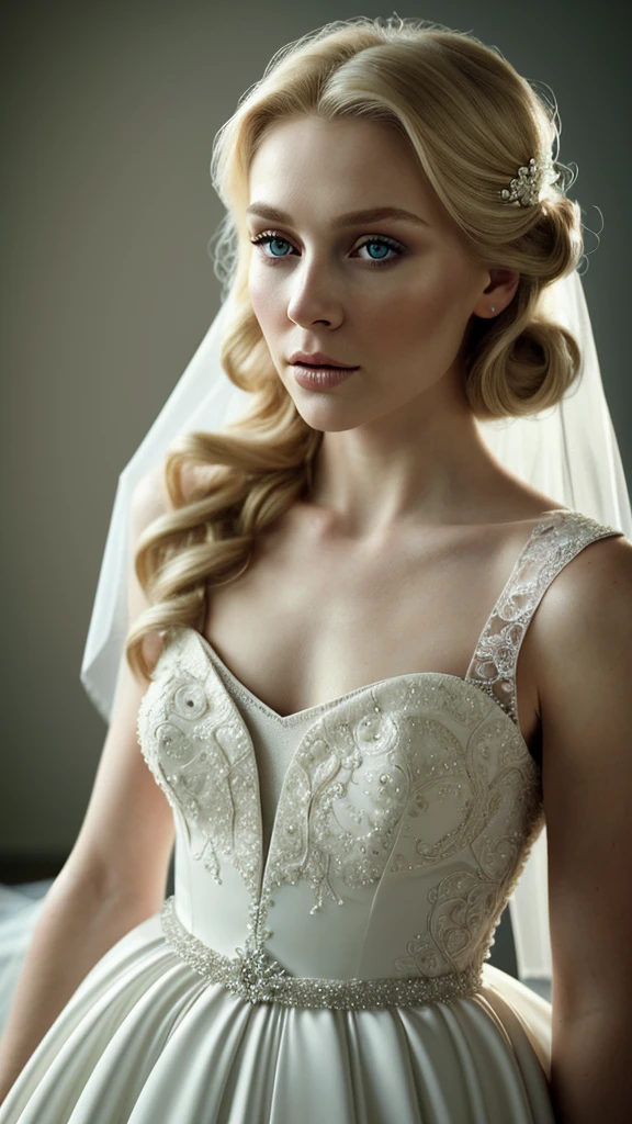a beautiful Caucasian woman, blonde hair, elegant hairstyle and makeup, wedding dress, bridal gown, soft lighting, photorealistic, cinematic lighting, detailed facial features, high quality, masterpiece, detailed skin texture, detailed fabric texture, high definition, realistic, natural lighting, beautiful face, intricate details, high resolution, film grain, shallow depth of field, atmospheric