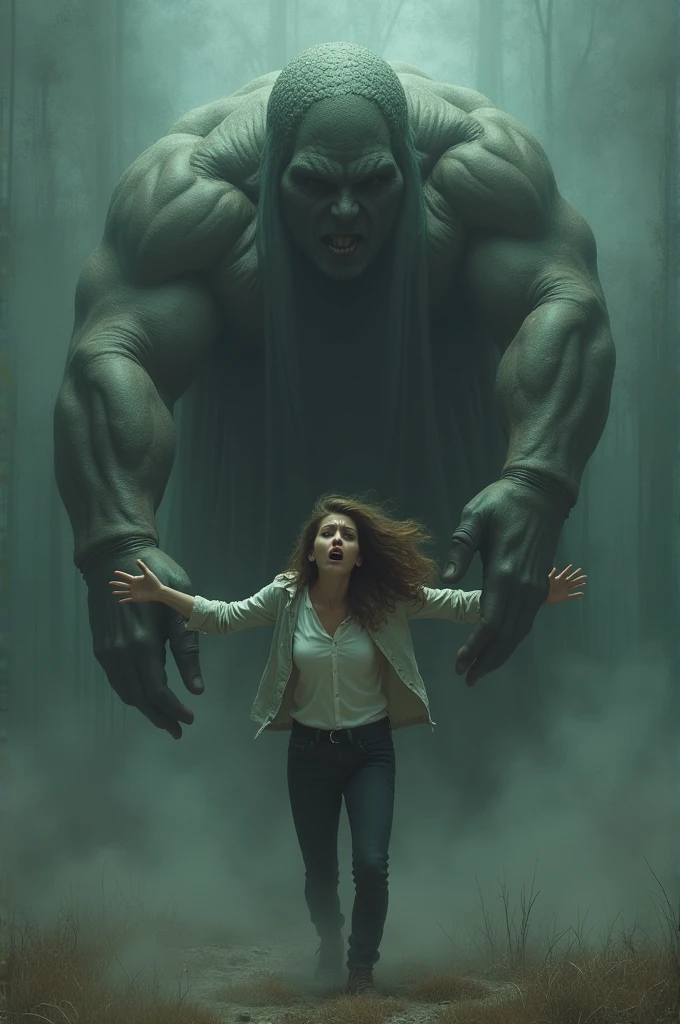 A woman being grabbed by a giant hand