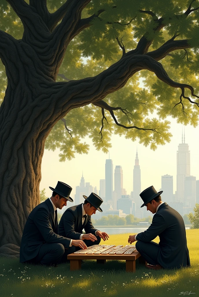 Make an image of some gentlemen playing dominoes under a tree and in the background you can see the city and
