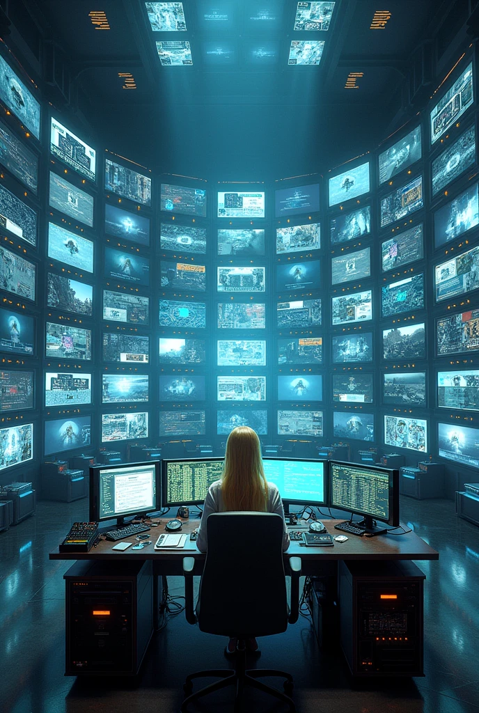 Create the image of a giant room, square where all the walls are surveillance camera screens and in the center there is a desk with all kinds of things to hack and a blonde-haired girl sitting