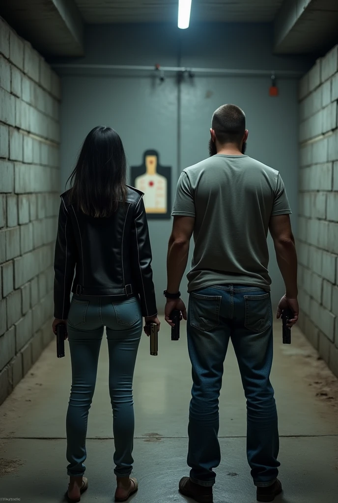 Large, poorly lit shooting range, with gray brick walls, with several distant targets ahead. There are 2 people side by side, a very strong man with no beard wearing a gray t-shirt and jeans, carrying a pistol in his right hand and a woman with long black hair, in a black jacket and jeans, carrying a pistol in his left hand.