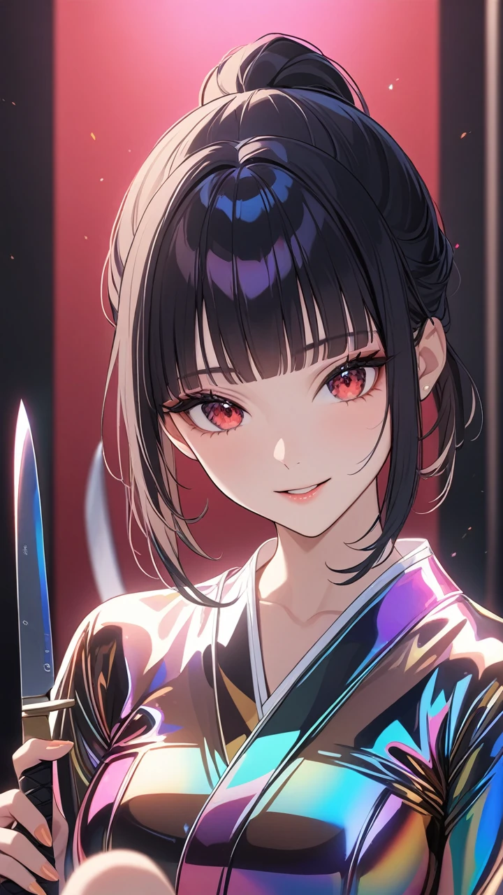 masterpiece, Highest quality:1.3, One person, Medium Hair, Black Hair, Blunt bangs, High Ponytail, Black headband, Black Mask, Japan Ninja Costumes, knife, Transparent and colorful vinyl clothing, Detailed face, Red eyes, Long eyelashes, Delicate facial features, Expressive Face,The best smile、 Detailed skin texture, Natural light, Vibrant colors, Cinema Lighting, Soft Focus, 非常に詳細なHighest quality,masterpiece,Transparent PVC clothing,Transparent Vinyl Clothing,Prismatic,Holographic,chromaticaberration,