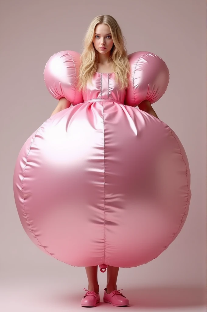 Hitomi Tanaka, solo, fullbody, brown long hair, brown eyes, huge breasts, wearing a giant inflatable satin balloon dress with enormous, short, round puffy sleeves. The balloon dress is pink and very puffy and very round and very spherical, high quality.