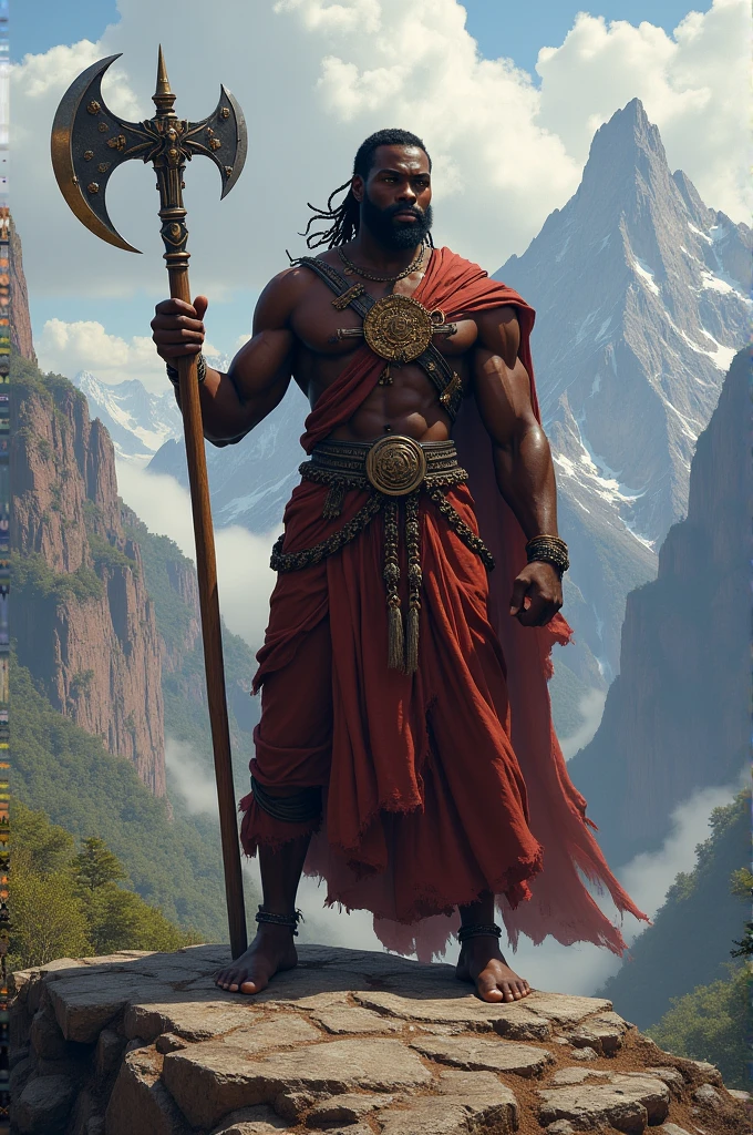 Orisha Black Man, rey, guerreyro,  red or brown clothes, on a mountain, lifting a double-edged axe in his hand 