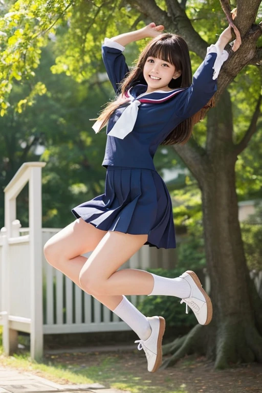 Beautiful woman、High school girls、Sailor suit、(((Jumping from a tree)))、Photorealistic