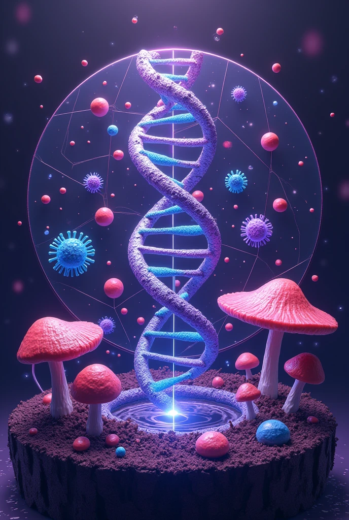 A type of logo or circular image that represents the career of biochemistry and biotechnology. It may be a DNA, with some enzyme cutting it, and bacteria or microorganisms together in the image, that everything is related as if for a propaganda photo. That it has molecular things like a virus too. Put a phage somewhere and have the DNA open as if the enzyme was cutting it. Let it be a more striking color like purple with other colors. that has mushrooms too.