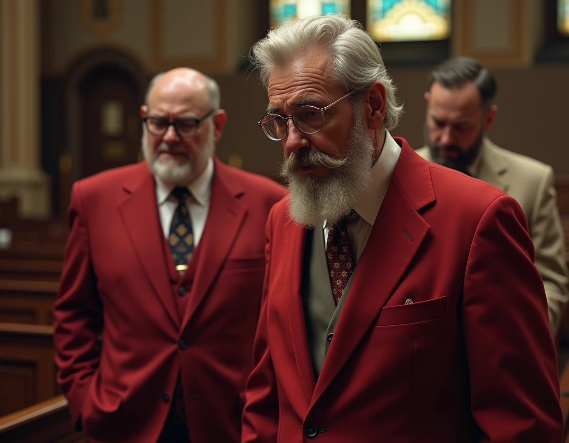 Two men in red suits and one in light brown crying in the church, but the one in the red suit is older and has a beard and glasses with gray hair.