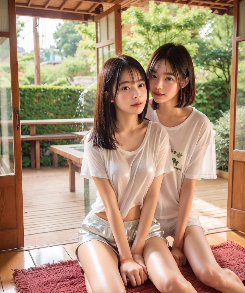 (natta:1.7), East Asian Architecture, ((2woman:1.5)),2 people:1.5,((Two women in love:1.6)),(kiss:1.5),Sleeping on a tatami mat,((Realistic skin without makeup:1.5)),((Her soft breasts and thighs visible through the gaps in her clothes)),(Partially wet underwear:1.3),((Spreading her legs))、((Beautiful thighs))、I'm opening my mouth a little、 brunette color hair,Medium Short Hair、((innocent)),(hair between eye), Lip flap, ,Beautiful fingers,Beautiful long legs,Beauty Body,Cute nose,Beautiful character design,perfect eyes,face perfect,looking at viewert,(Innocent_Big_eyes:1.0),(light_Smile:0.3),((Bold Pose))、Open atmosphere、Intimate atmosphere、Half-taken clothes、Shy expression、Embarrassing、((Her clothes are disheveled and her skin is showing))、Erect nipples、offcial art,Very detailed CG Unity 8k wallpaper,Perfect litthing,highly colorful,Bright_front_Face_Lighting,(tmasterpiece:1.0),(Best_quality:1.0), 超A high resolution,4K,ultra - detailed, photography of, 8k, nffsw, hight resolution, absurderes:1.2, Kodak portra 400, film grains, the background is blurred, bokeh:1.2, Lens Flare Glow, ( Vibrant_colour:1.2) (Beautiful,Large_breasts:1.4), (Beautiful_Face:1.5),((full body)),8k,Raw photo, 、Relax at a ryokan in Japan、The background is the open-air bath at night at a hot spring inn (Girls are not subjects:1.3) (Hair after a bath:1.3),(Hair is wet:1.3) ((Girls are not subjects:1.2))((Draw a wide night background:1.2),((A loose, see-through white T-shirt:1.5)),((Grey shorts)),((The background is the entrance living room、At night, Overlooking the inn's large and beautiful gardens..:1.3)),((8th class))、 ((Beautiful shiny straight short long:1.5)) sixteen years old、((Beautiful shiny straight short long:1.5))、(private),(Photos taken by lovers)、(Sophia Lillis)、(Secret photos)、((Beautiful barefoot))、((Relaxed and bold posture))