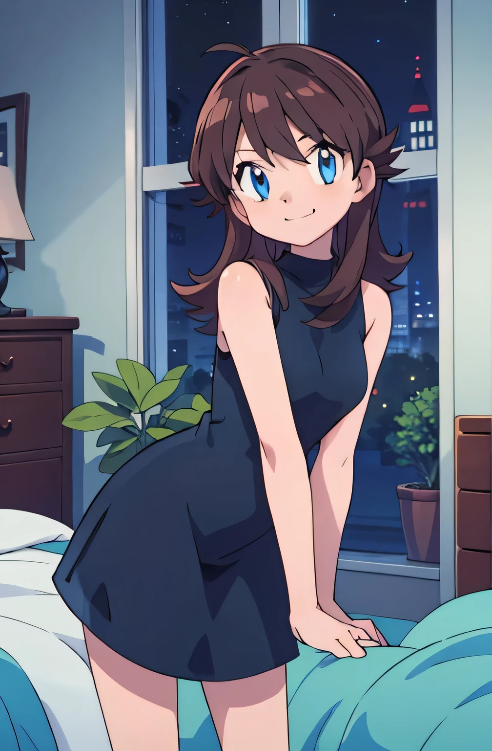 (masterpiece, best quality), intricate details, 1girl, green (pokemon), brown hair, blue eyes, looking at viewers, standing up straight, sleeveless black skin tight dress, smile, indoor bedroom, pokemovies, window at night
