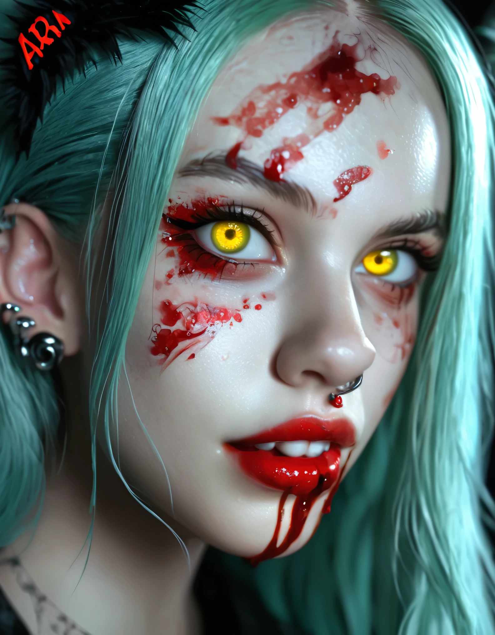 Digital illustration featuring a young woman with pale skin, light green eyes, and long, light blue hair adorned with black hairpins. She has a nose ring and multiple ear piercings, and her face is marked with blood streaks. The background is dark, and she is accompanied by a menacing black wolf with glowing yellow eyes and sharp, exaggerated teeth. The wolf's head is positioned close to her, creating a sense of eerie companionship. The overall style is dark and gothic, with a focus on contrast and dramatic lighting. In the bottom left corner, the text "ArtVision1999" is emblazoned in a bold, blood-red font, adding an extra layer of mystery to the ominous scene.