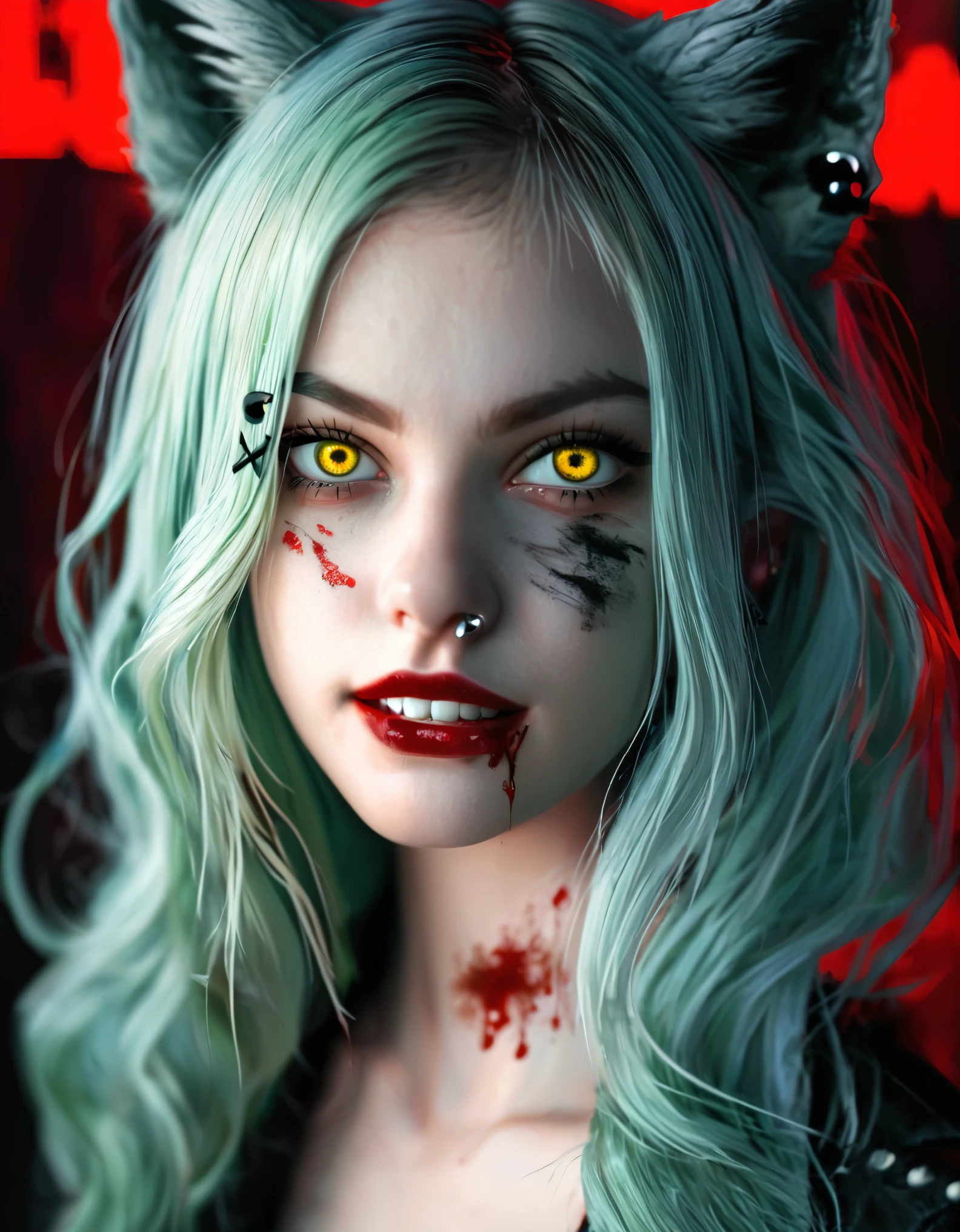 Digital illustration featuring a young woman with pale skin, light green eyes, and long, light blue hair adorned with black hairpins. She has a nose ring and multiple ear piercings, and her face is marked with blood streaks. The background is dark, and she is accompanied by a menacing black wolf with glowing yellow eyes and sharp, exaggerated teeth. The wolf's head is positioned close to her, creating a sense of eerie companionship. The overall style is dark and gothic, with a focus on contrast and dramatic lighting. In the bottom left corner, the text "ArtVision1999" is emblazoned in a bold, blood-red font, adding an extra layer of mystery to the ominous scene.