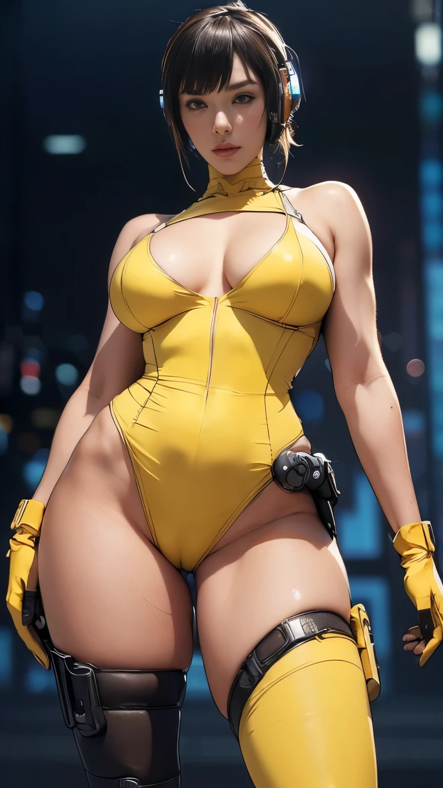 (A woman),(((A female special forces member stands))),((Yellow tactical High leg bodysuit:1.5)),((earphone:1.5)),((Tactical Holster:1.5)),(Gloves:1.5),(Serious:1.5),(Super short hair:1.5),(bionde:1.5),(beautiful eyes:1.3),(Very detailedな顔:1.5),((Very detailed drawing of a female hand:1.5)),((muscular:1.5)),(Sexy appearance:1.5),((Thick thighs:1.5)),(Beautiful Body:1.5),((Very sensual:1.5)),(The backdrop is a futuristic city:1.5),(Cyberpunk atmosphere:1.5),(((Blurred Background:1.5))),(Written border depth:1.5),rest(((masterpiece:1.5),(best quality:1.5),(Very detailed:1.5),(high resolution:1.5),(Practical:1.5),(Practical:1.5),(Delicate depiction),(Carefully drawn))),8k,wallpaper