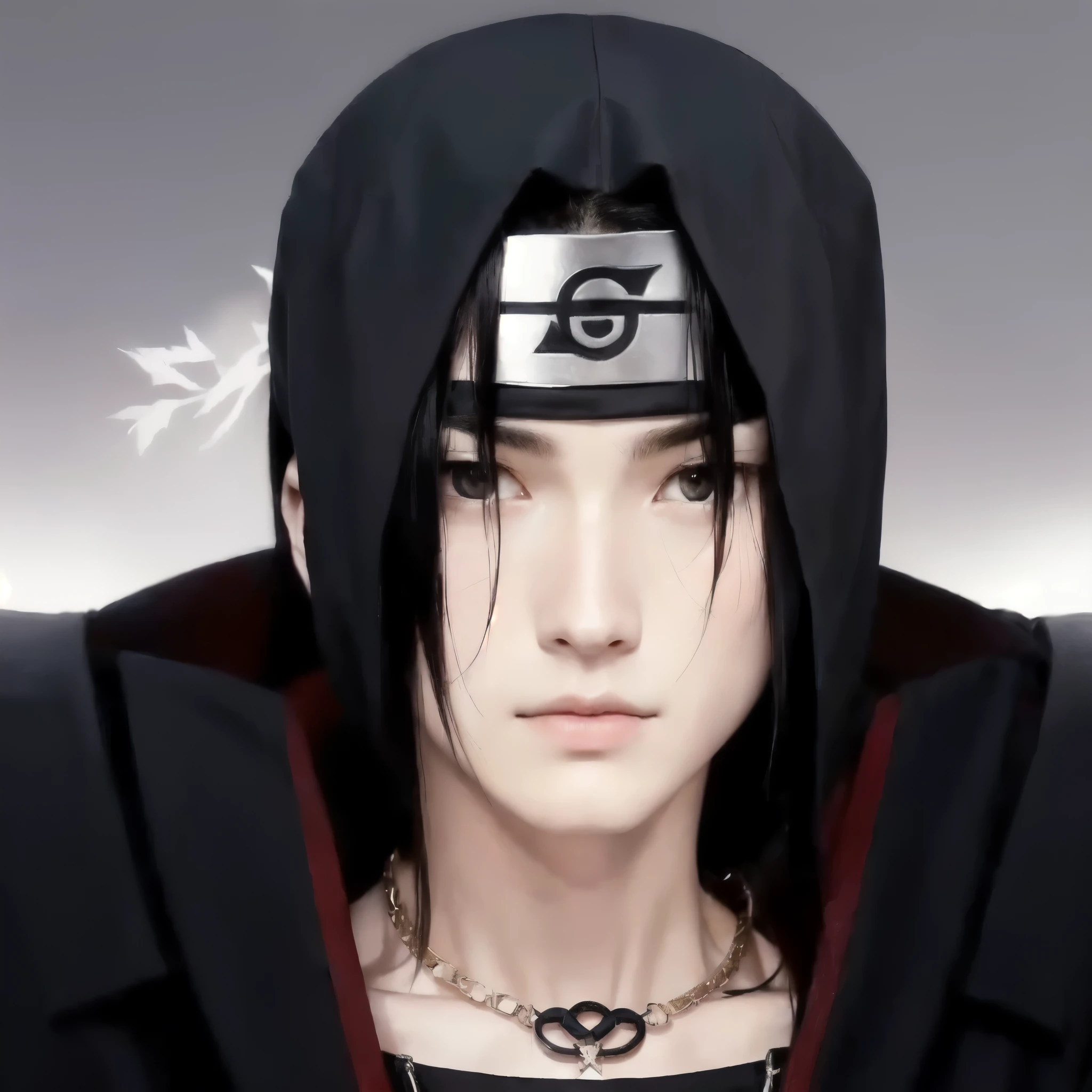 A detailed anime character portrait featuring a serious-looking man with long, straight black hair that falls to his shoulders. He has a pale complexion and narrow, dark eyes, with distinct lines under each eye extending towards his nose. The character wears a dark cloak with a high collar and subtle red accents. He also dons a metallic headband with a leaf symbol engraved on it, signifying his affiliation with a ninja village. A simple necklace with small circular pendants is around his neck. The background is muted, creating a somber and mysterious atmosphere.
