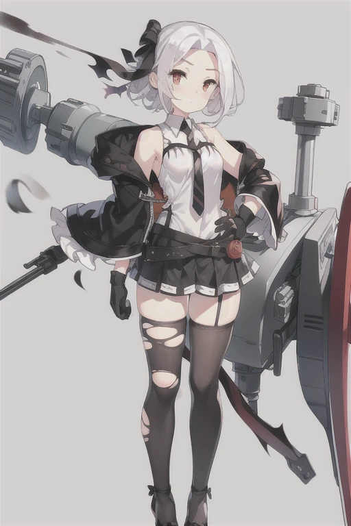 Vittorio_Veneto \(warship girls r\),((masterpiece)),(((best quality))),((ultra-detailed)),((illustration)),((disheveled hair)),((frills)),(1 girl),(solo),1girl, animal, armpits, bangs, bare shoulders, black bow, black footwear, black gloves, black legwear, black skirt, bow, braid, breasts, burnt clothes, cat, chair, closed mouth, collared shirt, cup, damaged, dog, eyebrows visible through hair, floating hair, full body, gloves, gradient, ***, hair bow, hair ribbon, hand on hip, high heels, holding, holding cup, jacket, short hair, long sleeves, looking at viewer, necktie, red eyes, ribbon, saucer, shirt, shoes, sidelocks, skindentation, skirt, sleeveless shirt, solo, standing, striped, teacup, thighhighs, thighs, torn bike shorts, torn cape, torn clothes, torn dress, torn gloves, torn jacket, torn legwear, torn leotard, torn pants, torn shirt, torn shorts, torn skirt, torn sleeves, torn swimsuit, white hair, white shirt