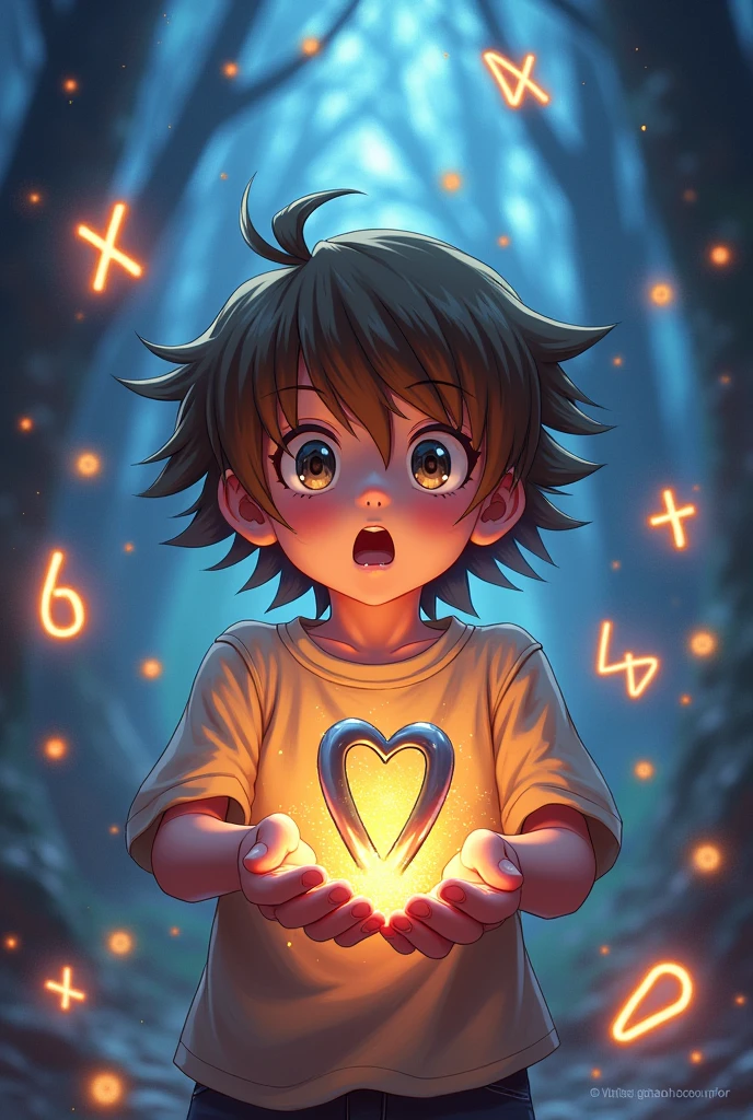 Crear una imagen ambientada en el mundo de YU-GI-OH de un niño que en las manos está sosteniendo unos parentesis and en el fondo aparecen los números del 1 al 10 and las letras x, and, With
