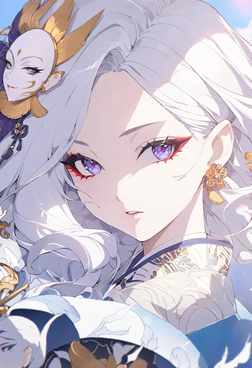 Close-up of a woman with white hair and a white mask, Beautiful character drawings, Gwaiz, artwork in the style of Gwaiz, White-haired God, Jan J, Magnificent and elaborate character art, Amazing character art, Fan Chi, By Wujun Shifan, Gwaiz on pixiv artstation