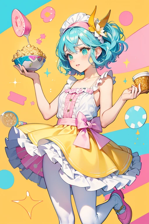 Chrissy Puffs has fair skin with light pink and yellow-green eye shadow and pale pink blush. Her eyes are light blue and yellow-green and her lips are pink. Her hair is baby blue with white streaks. On her head is a light pink headband, and one side has a blue bowl with a spoon pouring out cereal and milk. The other side has hot pink, yellow-orange, and turquoise colored cereal pieces. She wears a dress with a white tank top and a skirt with a cereal and milk design. She wears lilac colored tights and hot pink shoes. SPARKLE; GLITTER