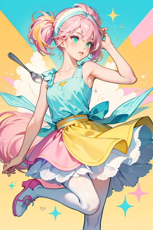Chrissy Puffs has fair skin with light pink and yellow-green eye shadow and pale pink blush. Her eyes are light blue and yellow-green and her lips are pink. Her hair is baby blue with white streaks. On her head is a light pink headband, and one side has a blue bowl with a spoon pouring out cereal and milk. The other side has hot pink, yellow-orange, and turquoise colored cereal pieces. She wears a dress with a white tank top and a skirt with a cereal and milk design. She wears lilac colored tights and hot pink shoes. SPARKLE; GLITTER