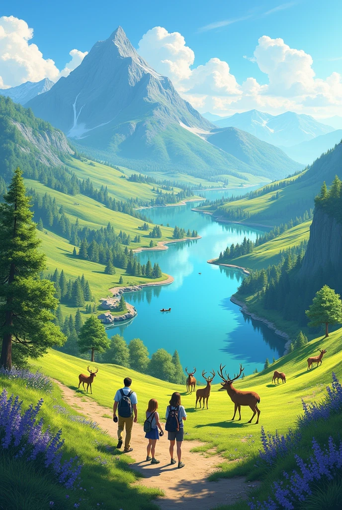 A tourist company visiting a place with animals, lakes and beautiful landscape
