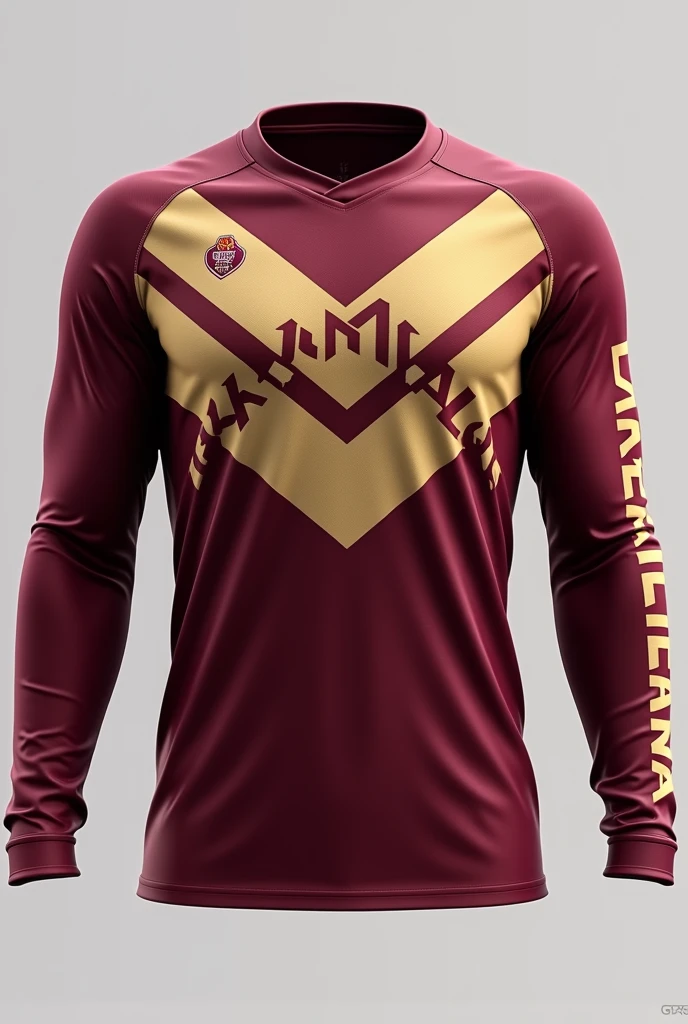 A long-sleeved goalkeeper-style shirt in burgundy and beige with geometric shapes for a uniform with the name Maria Madalena marching band highlighted 
