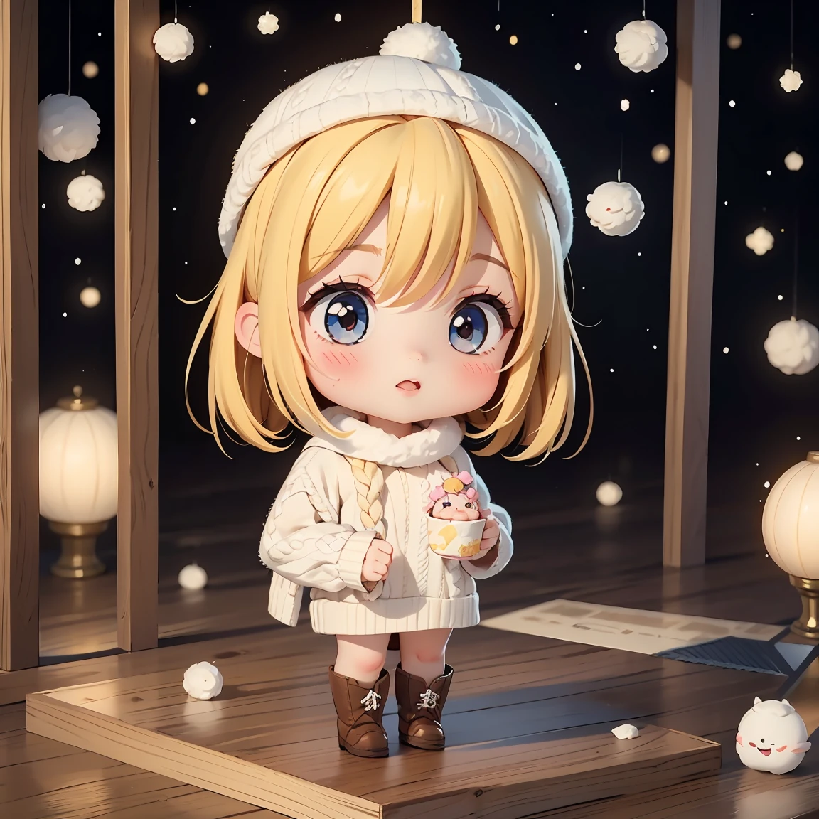 Super Chibi Character：1.8、Blonde Hair、Cute 7  girl、Knitted sweater、Wearing cute boots、Super Chibi Character：1.8、seems cold、snow景色、snow、Cute knitted hat