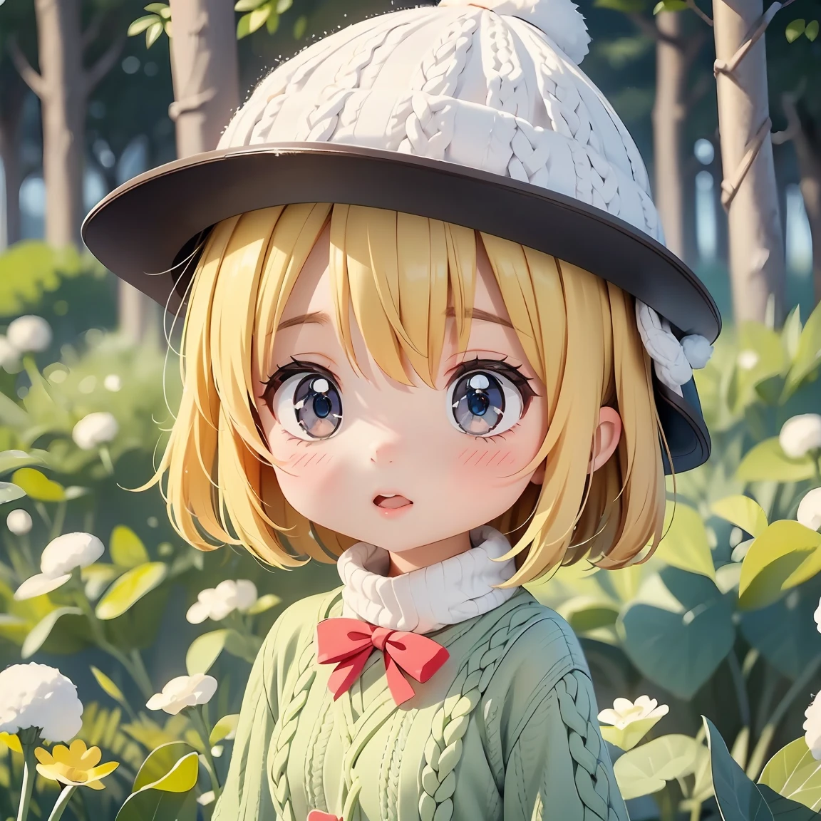 Super Chibi Character：1.8、Blonde Hair、Cute 7 year old girl、Knitted sweater、Wearing cute boots、Super Chibi Character：1.8、seems cold、snow景色、snow、Cute knitted hat