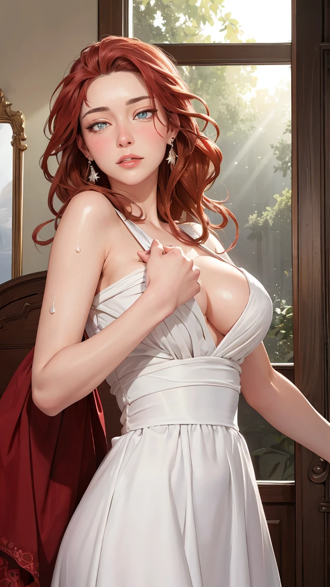 ((((masterpiece, best quality, high resolution)))), Extremely detailed 8K, Beautiful girl with voluptuous body, (Ultra HD, Ultra-detailed, Highly detailed, Highly realistic, Ultra-realistic, photograph realistic), (1girl:1.5), (Realistic red hair), (long wavy hair, hair ornaments, earrings), (dynamic poses), facing at camera, looking at viewer, (blushing red, rolling eyes, ahg), (hazel eyes, sharp eyes), (big perky :1.2), (beautiful detailed face, beautiful detailed eyes), ((white night dress)), (standing up), sweat, glow, (sunbeam, sunlight), ((cowboy shot)), bedroom