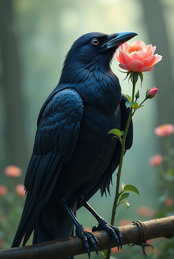 A crow carrying a flower