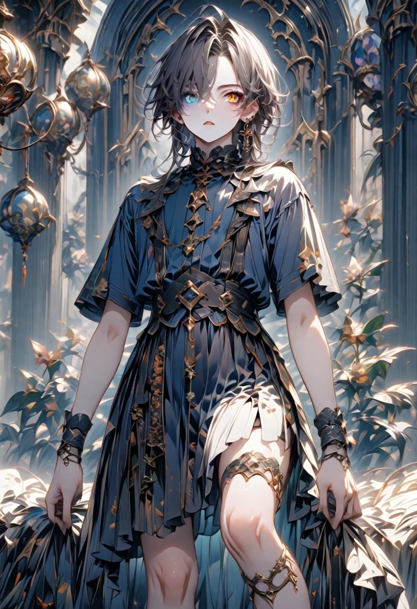 A boy,(heterochromia/black),black色长发,whole body,earring,Leg ring,wristband,Hanging ornaments,Gothic style,8k,Highest quality