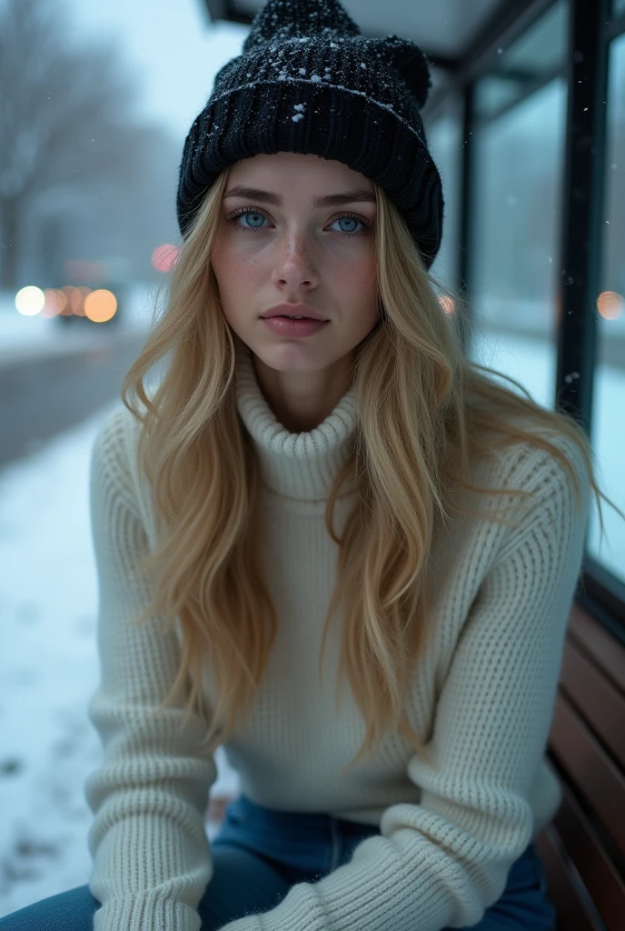 Masterpeace, A beautiful young woman in love, 22 years old, beautiful face, blonde, long wavy hair, blue eyes, white turtleneck sweater, blue jeans underneath, black winter hat on her head, it is cold and her face is cold, she is thoughtful and sad, crying, tear, snowly, she is waiting at the bus stop for her lover whom she is about to break up with, She looks tearfully into the camera, sitting, Shooting from below