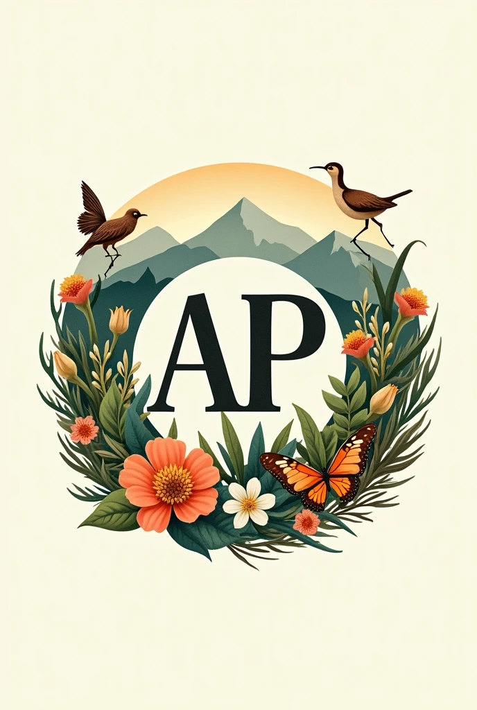 Generate a round logo about nature with the initials AP and that has animals, flowers, mountains and more nature. 