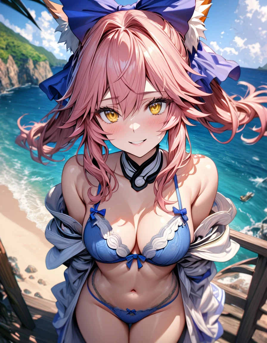 absurdres, highres, ultra detailed, HDR, master piece, best quality, extremely detailed, Tamamo No Mae, pink hair, expressive yellow eyes, Fate Grand Order, solo, woman, beautiful, smile, blue bikini, island, sea, beach, blue bra, blue underwear